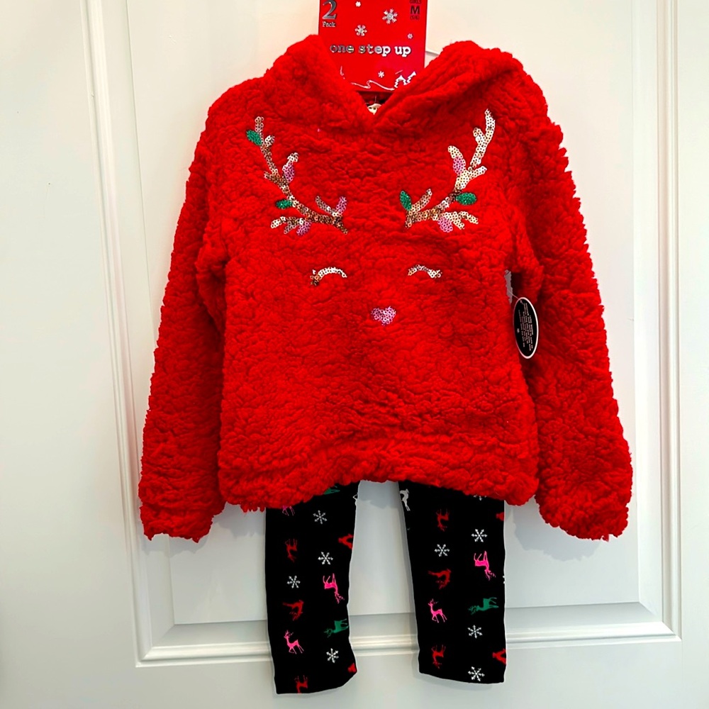 Kids Christmas Holiday Set Matching Sherpa Pullover Top & Leggings Reindeer M